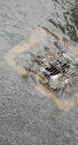 Water flows around a storm drain on a wet street.