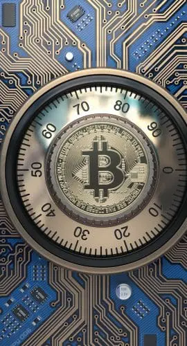 Bitcoin Cryptocurrency Security And Mining Concept. Safe Lock With Symbol Of Bitcoin On Circuit Board.