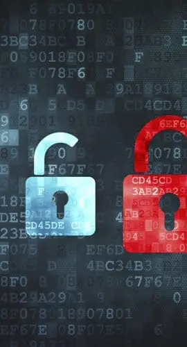 The image features a series of padlocks, with one red unlocked padlock among blue locked padlocks, set against a background of binary code and data.