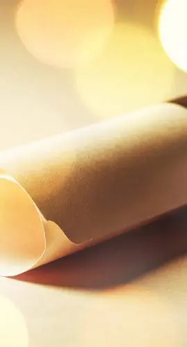 A rolled-up diploma or certificate is tied with a dark ribbon against a warm, blurred background with bokeh lights.