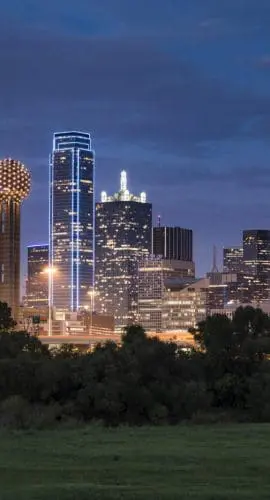 A city skyline illuminated at dusk with a mix of modern skyscrapers and a distinctive spherical structure, set against a twilight sky with greenery in the foreground.
