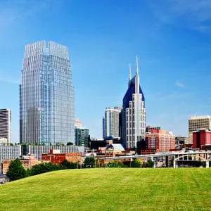 A skyline featuring modern buildings against a clear blue sky with a foreground of green grass.