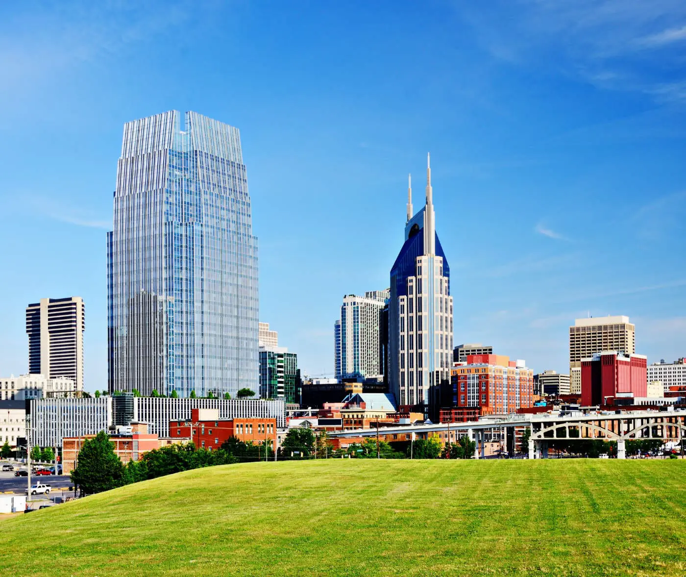 A skyline featuring modern buildings against a clear blue sky with a foreground of green grass.
