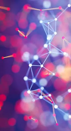 Abstract representation of a digital network with interconnected nodes and lines in hues of red, blue, and purple.