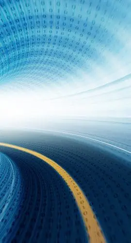 A stylized digital tunnel with binary code patterns lining the walls and a curving road leading toward a bright light at the end.