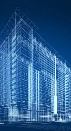 A blue-toned architectural wireframe sketch of a building displays the structural design and dimension lines.