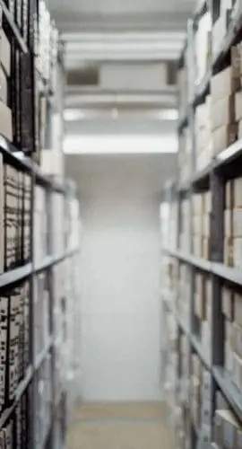 A narrow corridor flanked by shelves lined with numerous labeled boxes, suggesting a storage or archival room.