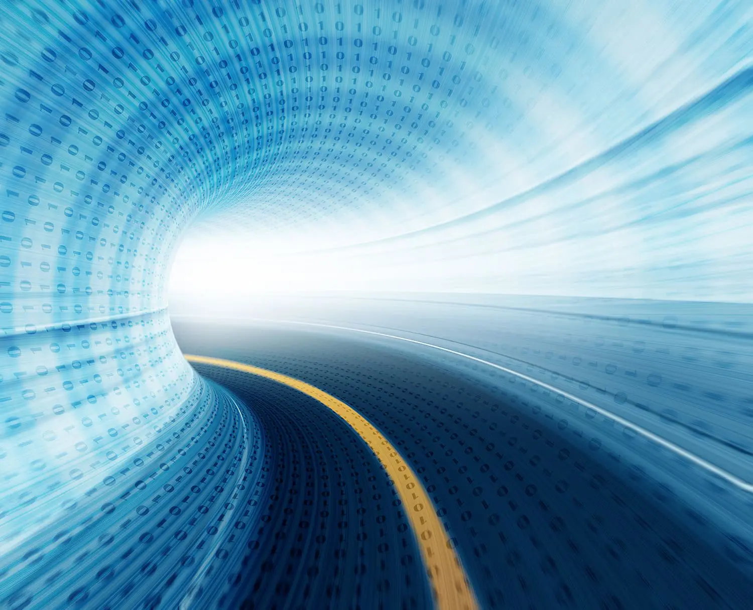 A digitally generated tunnel with blue walls featuring binary code and a yellow dividing line on the floor leading towards a bright light at the end.