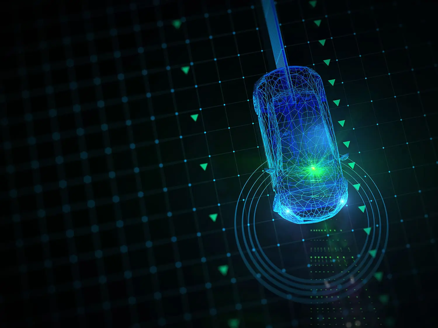 A digital representation of a glowing, blue mouse cursor with a green light at its core, set against a dark background with a grid and floating green pixels.