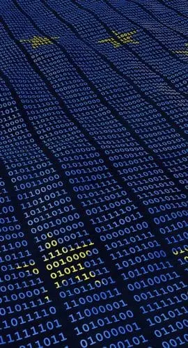 A digital abstract background with blue binary code and yellow digital arrows indicating upward movement.