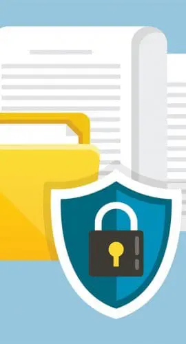 A graphic of a yellow folder with documents and a shield with a lock, symbolizing data security or protected information.