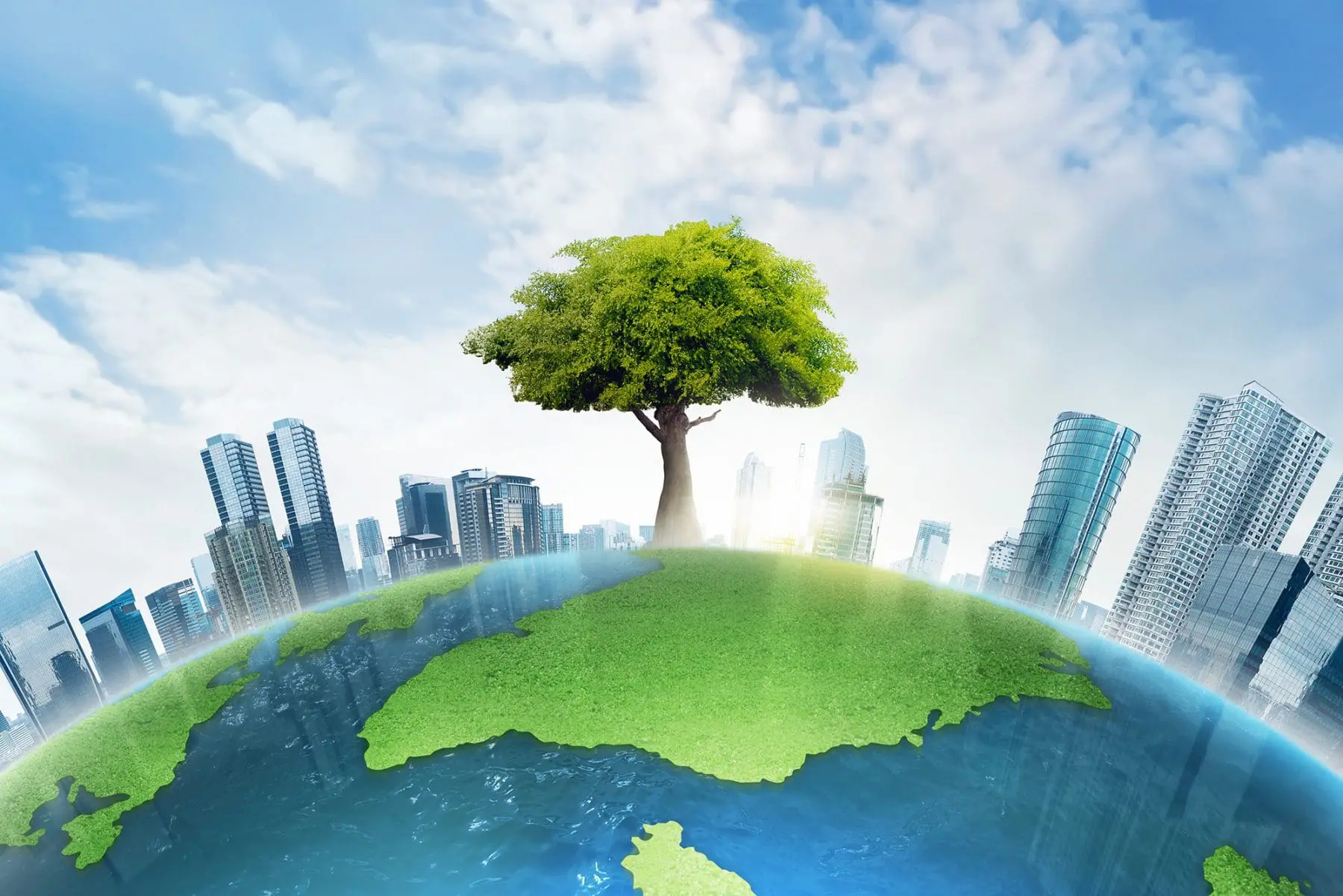 A solitary tree stands at the center of a grassy continent, juxtaposed with an encircling urban skyline against a backdrop of a clear sky with fluffy clouds.
