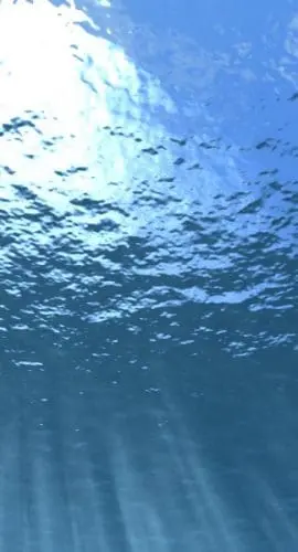 Sunlight filters through clear blue water, creating patterns of light beneath the surface.