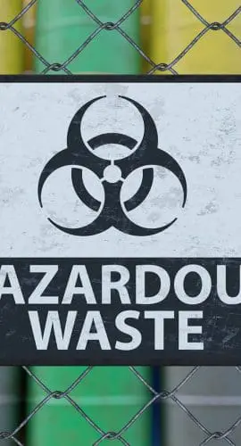 A weathered "Hazardous Waste" sign is attached to a chain-link fence, behind which various colored barrels are stored.