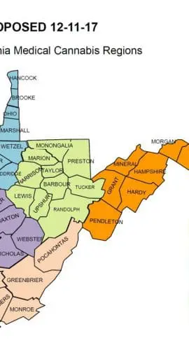 A color-coded map depicts the proposed medical cannabis regions of West Virginia as of December 11, 2017, highlighting six distinct areas with an associated legend by the Health & Human Resources department.