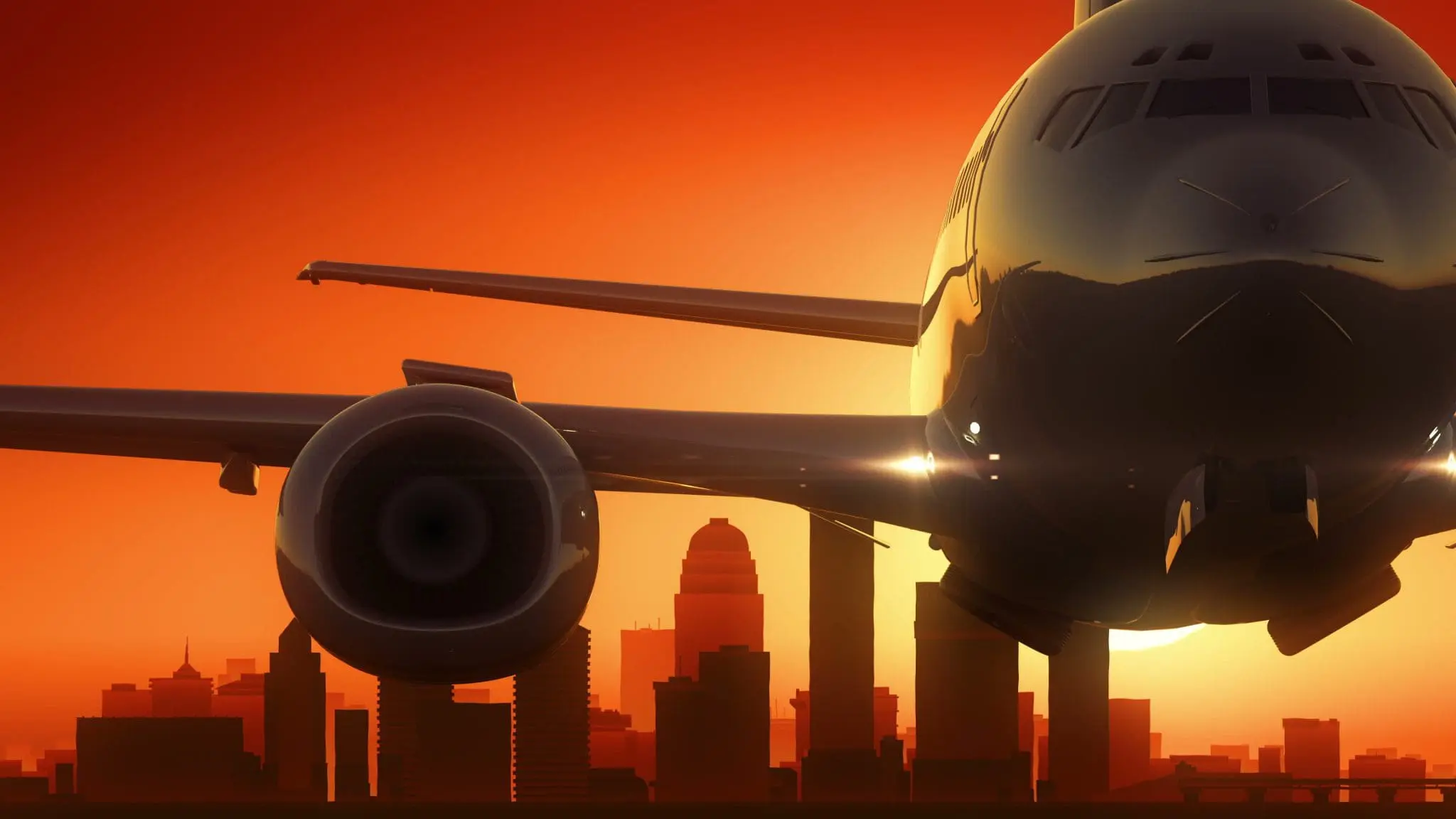A commercial airplane is silhouetted against a vivid orange sunset with an out-of-focus city skyline in the background.