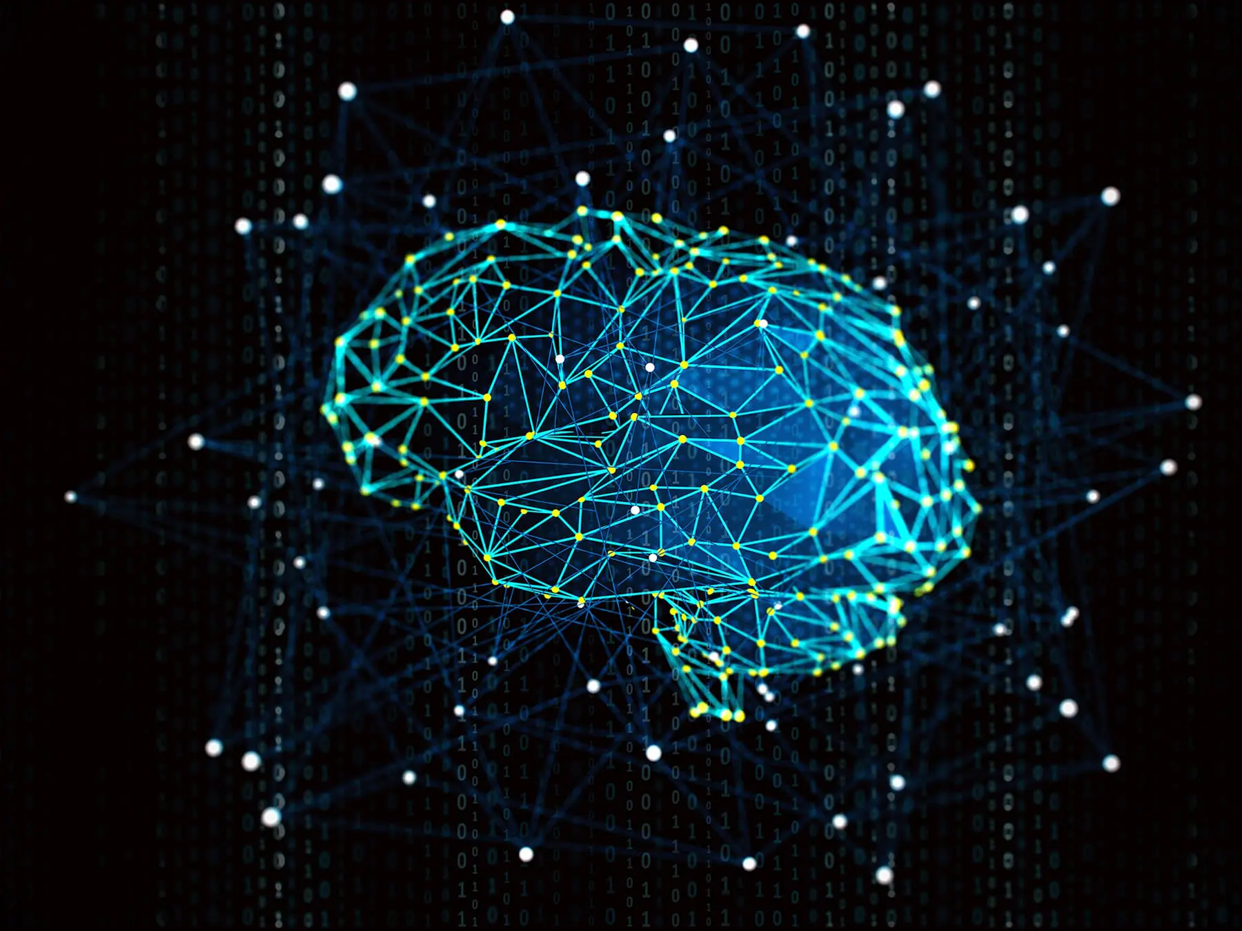 A digital illustration of a brain formed by interconnected lines and dots, suggesting concepts of artificial intelligence and neural networks.