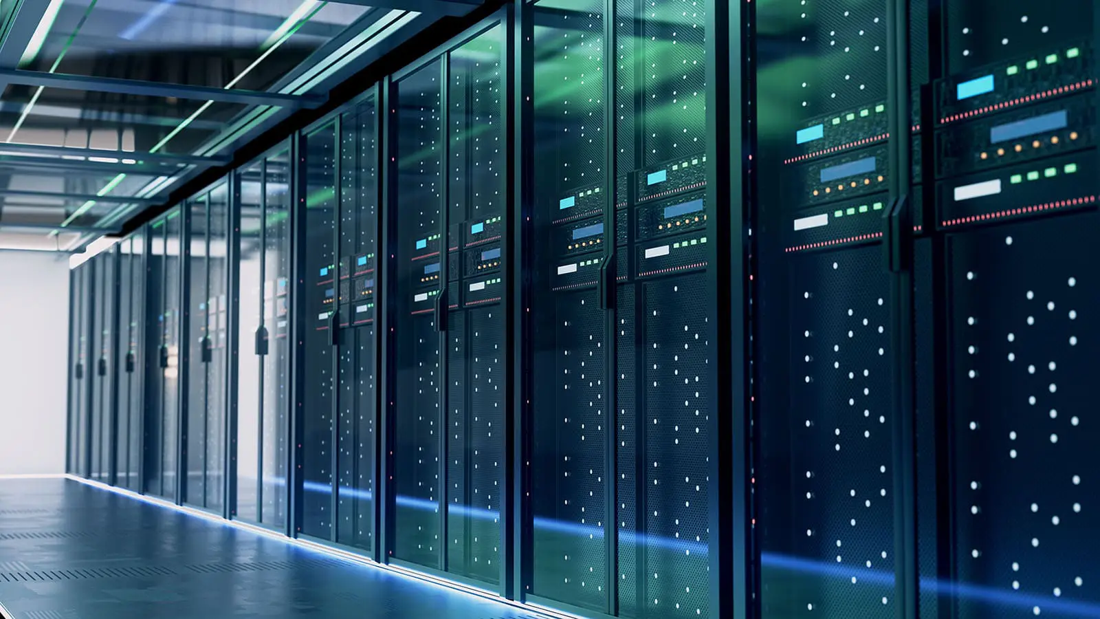 A modern data center with rows of server racks and blue LED lights.