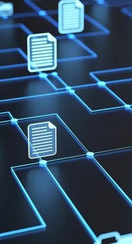 A network of blue neon-lit paths connect symbols representing folders and documents, illustrating a digital file management or data network concept.