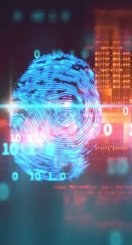 A digital fingerprint overlayed on a background with binary code and abstract technological graphics represents cybersecurity and digital identity concepts.