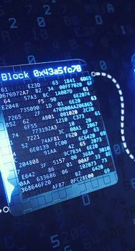 A digital representation of blockchain technology is shown, featuring interconnected blocks of binary data highlighted in blue.
