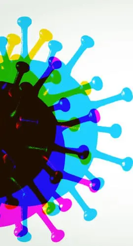 A colorful, stylized illustration of a virus, featuring multiple overlapping spheres with protruding structures.