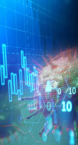 A digital representation of data superimposed over a microscopic view of a virus.