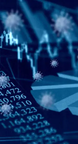Digital representation of a stock market graph overlaid with virus particles.