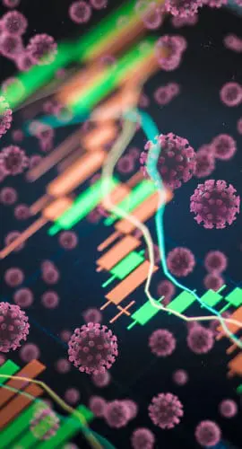 A graphical representation of financial data overlaid with numerous virus-like particles.