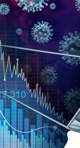 A mask-wearing face is overlaid with graphs and virus illustrations.