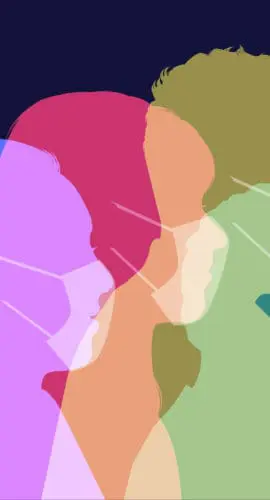 Colorful silhouettes of masked people are layered against a dark background.