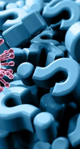 A pink virus-like structure is scattered among numerous blue question marks.