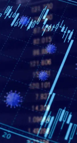 A financial graph overlaid with images of virus particles.