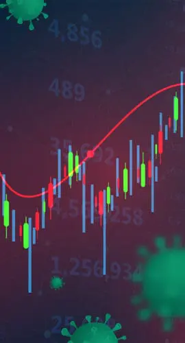 A financial chart with downward trends and virus icons is depicted.