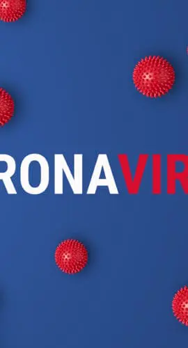 Red spiky virus-like spheres are scattered on a blue background with the word "CORONAVIRUS" in bold white and red letters at the center.