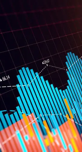 A colorful, abstract graph displays fluctuating data points against a dark background, illuminated with vibrant colors and interconnected lines.