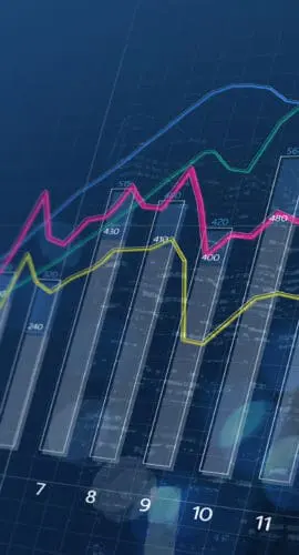 A graph featuring multiple line and bar charts with data points plotted on a blue background. QSBS Startup Investors