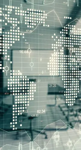 A transparent world map overlays an image of a modern conference room with large windows.