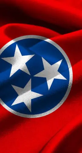 A red flag with a blue circle containing three white stars and a vertical blue stripe on the right edge.