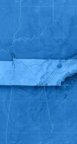A blue-toned map highlights the state of Tennessee with topographical details.