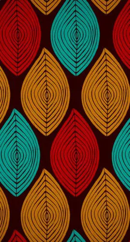 A repeating pattern of colorful, leaf-shaped designs in red, turquoise, and yellow on a dark background.