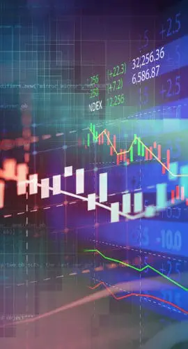 A colorful display of financial data and stock market charts with various numbers and graphs.