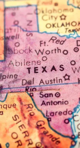 A detailed map of the state of Texas showing major cities and surrounding areas.