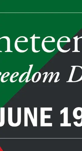 A graphic design featuring the words "Juneteenth Freedom Day" and "June 19" on a background with red, green, and black geometric shapes.