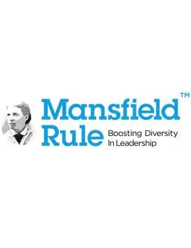 Mansfield Rule logo with the tagline "Boosting Diversity In Leadership" and a small portrait of a person.