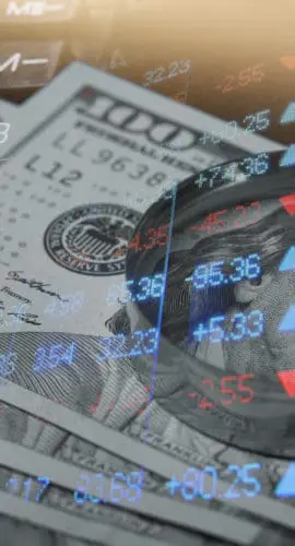 Finance and banking concept. Euro coins and us dollar banknote close-up. Abstract image of Financial system with selective focus, toned, double exposure.