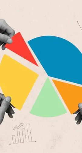 Goals, objectives, plans. Human hands control, taking pieces of muclticolored diagram isolated on light background. Contemporary art collage. Inspiration, idea. Concept of work, occupation, business