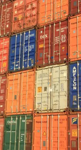 Blue white orange and brown container van