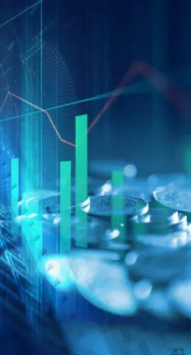 pile of coins on technology financial graph background.