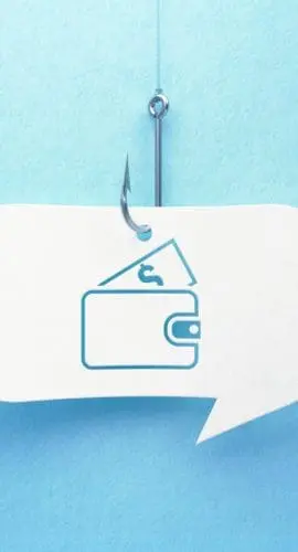 Fishing hook and digital wallet symbol drawn white chat bubble on blue background. Horizontal composition with copy space. Phishing concept.